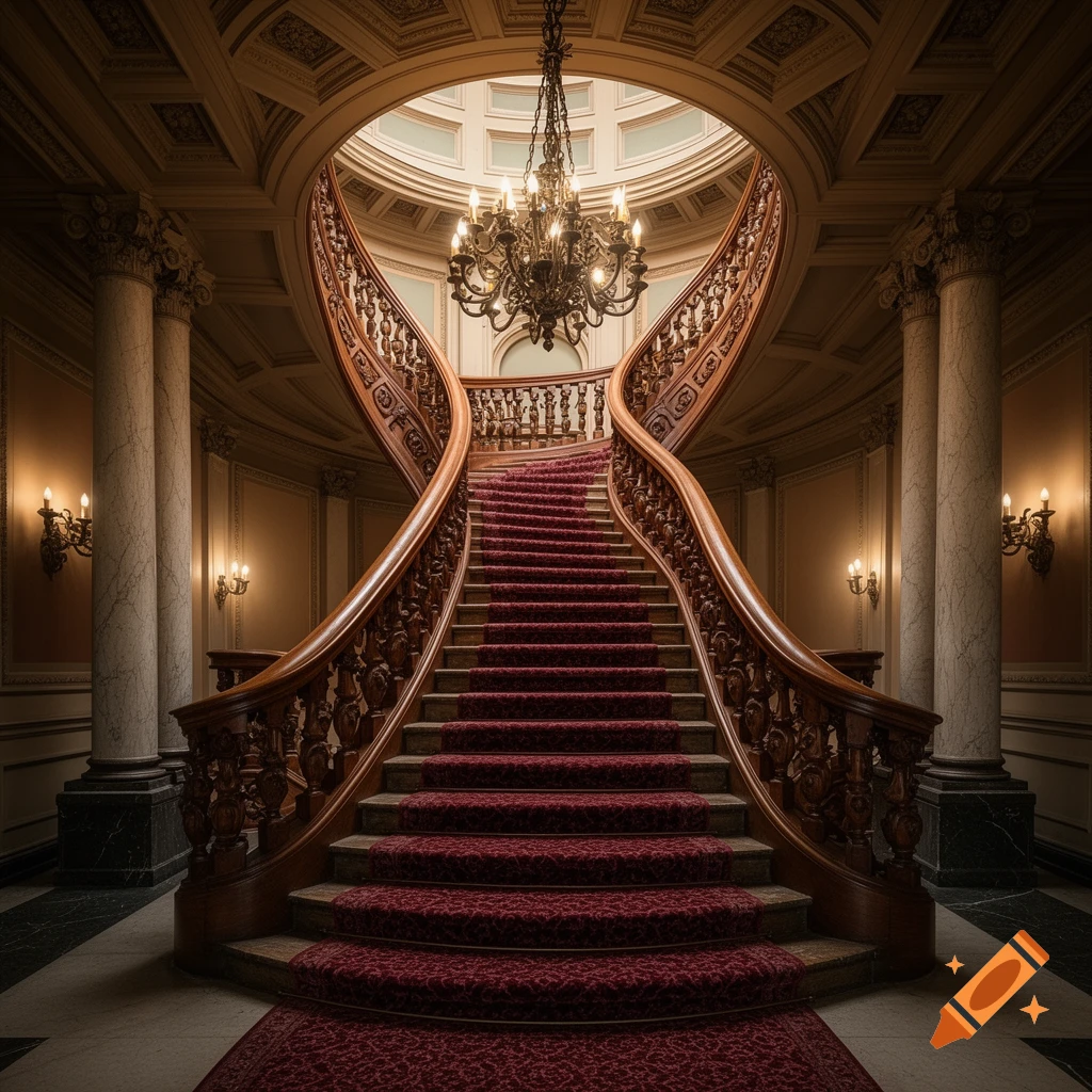A grand, opulent double staircase with red carpet, ornate wooden banisters, marble columns, and a large chandelier under a domed ceiling.