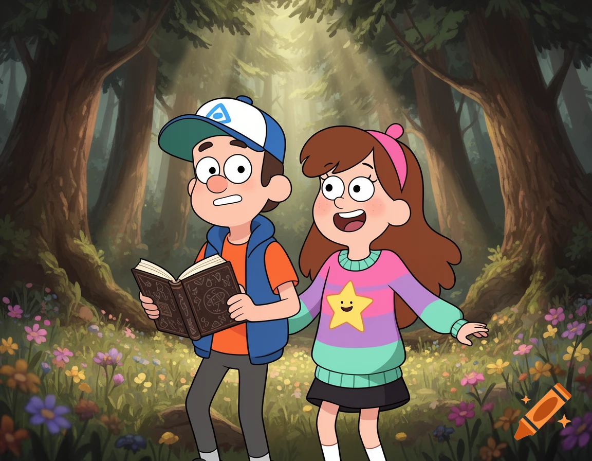 Dipper and Mabel from Gravity Falls stand in a sunlit forest clearing with wildflowers, Dipper holding an open book.