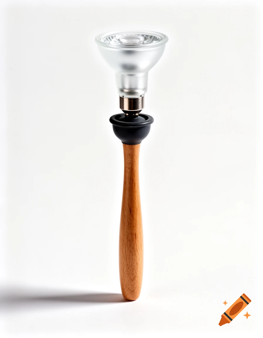 A GU10 light bulb is attached to the wooden handle of a black toilet plunger on a white background, studio shot.