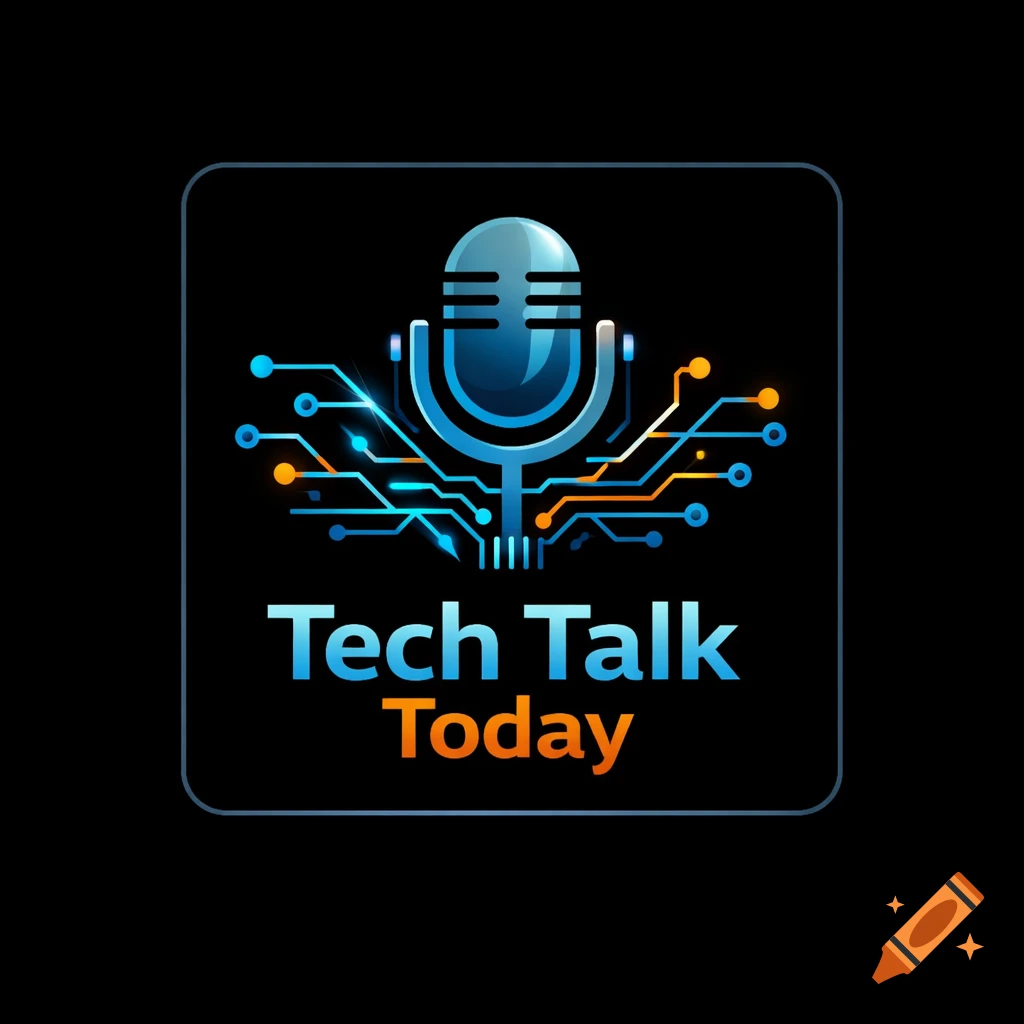 Blue and orange tech talk podcast logo with a microphone and circuit board lines inside a rounded square on a black background. Text reads "Tech Talk Today".