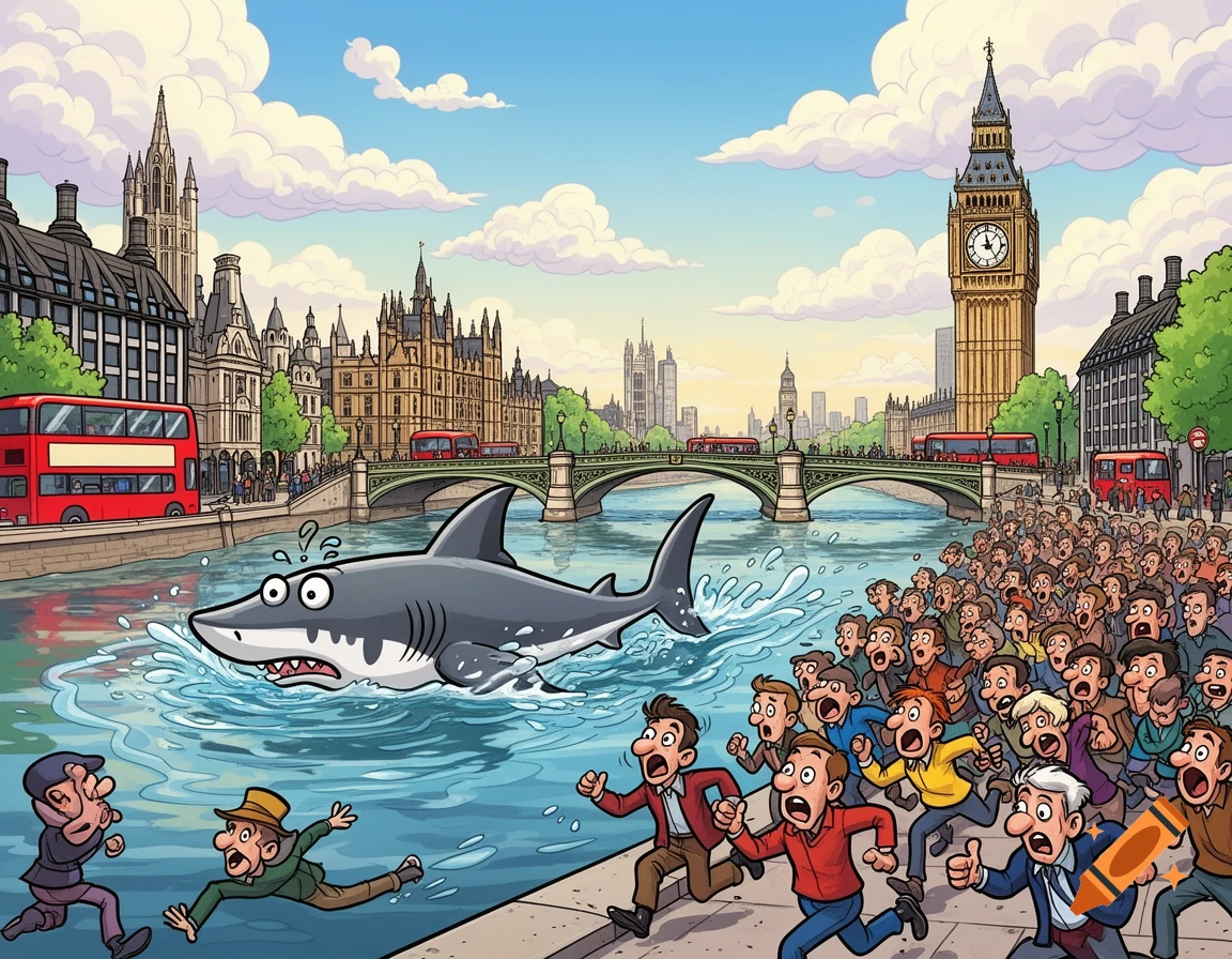 Cartoon of a confused shark in the River Thames, causing people to flee in panic with Big Ben and London buildings in the background.