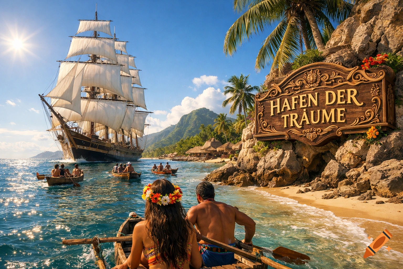 A large sailing ship approaches a tropical island. People in small boats head to a beach with palm trees and a sign 'HAFEN DER TRÄUME' under a sunny sky.