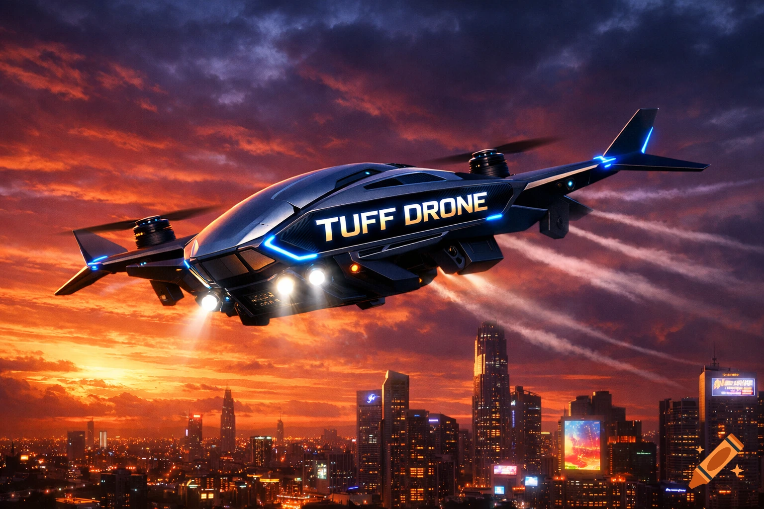 A sleek, futuristic drone with 'TUFF DRONE' inscribed on its side flies over a vibrant city skyline during a fiery sunset.