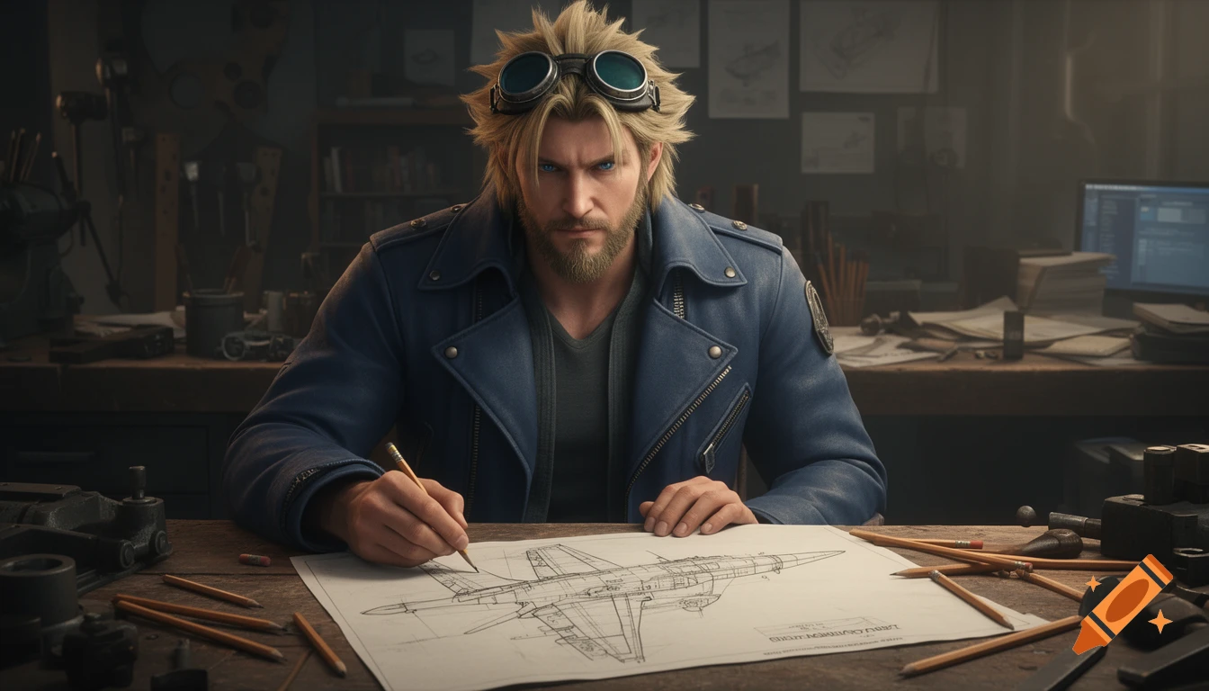 A man with blonde spiky hair, goggles on his head, and a blue jacket draws a jet blueprint in a detailed workshop.