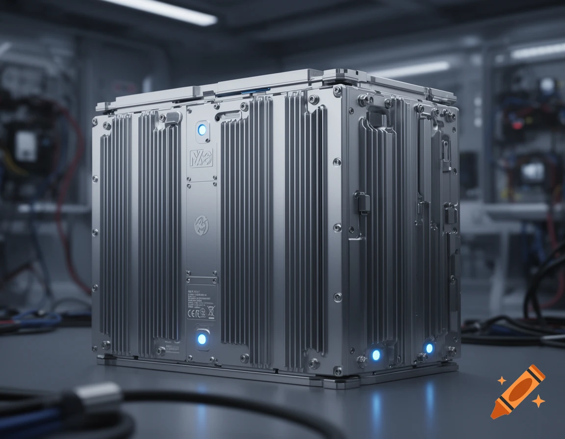 A metallic, rectangular battery pack with cooling fins and blue indicator lights in an industrial setting, photorealistic.