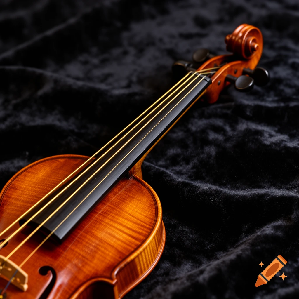 A close-up, high-angle shot of a warm brown violin resting on a dark, textured velvet fabric.
