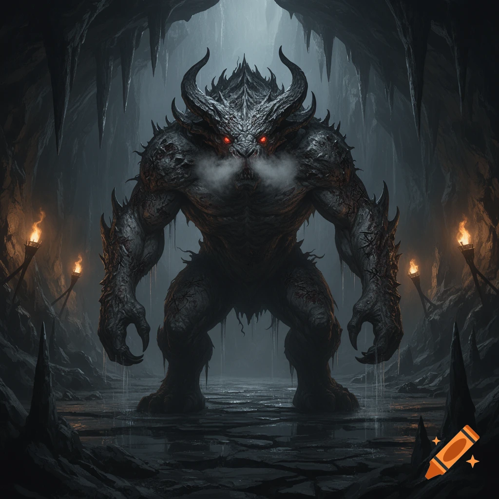 A large, dark, horned monster with glowing red eyes and smoking nostrils stands in a shadowy cave with torches.