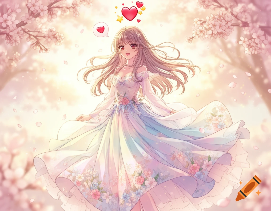 Smiling anime girl in a flowing floral dress, surrounded by pink cherry blossoms and floating hearts, in a bright, dreamy setting.