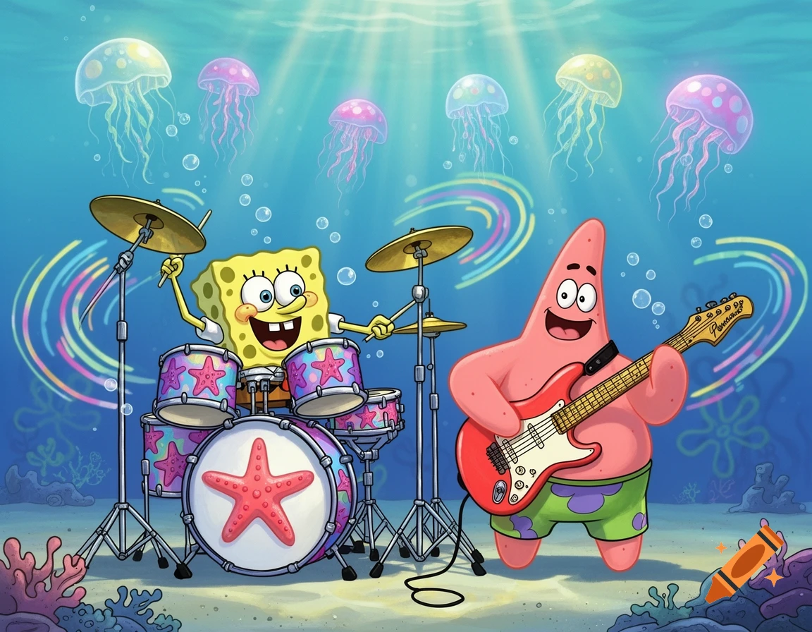 SpongeBob SquarePants plays drums and Patrick Star plays an electric guitar in an underwater scene with jellyfish.