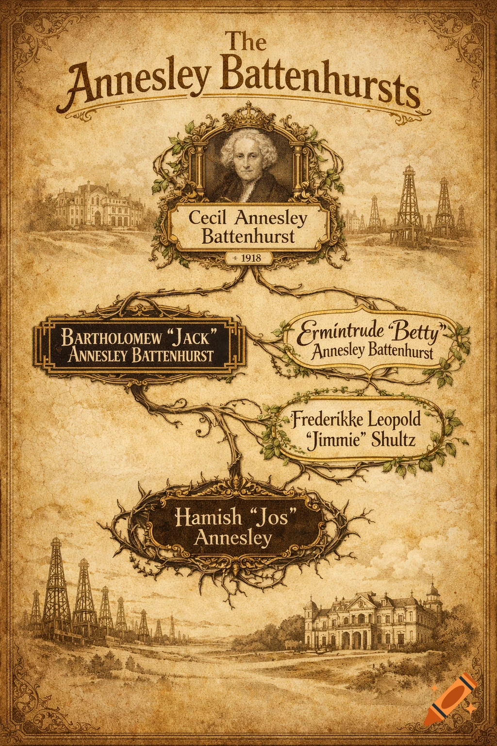 A vintage-style family tree on aged paper, showing "The Annesley Battenhursts." Portraits and names like Cecil, Bartholomew, Ermintrude, Frederikke, and Hamish are linked by leafy branches. Background illustrations depict grand estates and oil rigs.