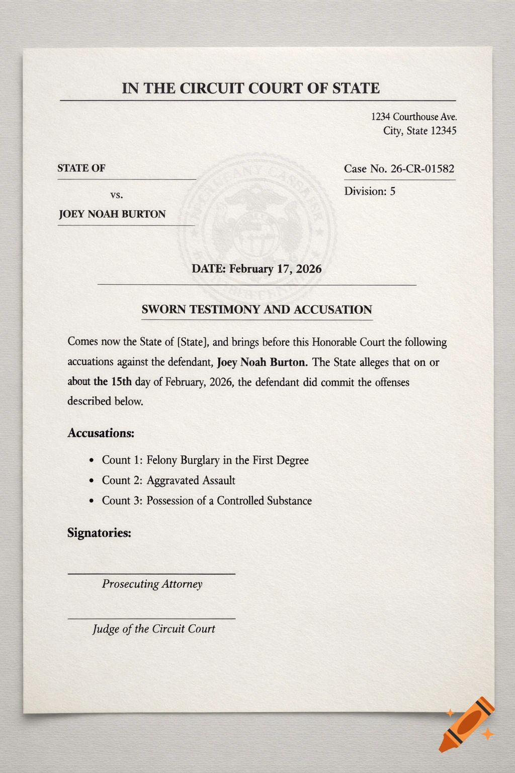 A close-up view of a realistic legal document titled "SWORN TESTIMONY AND ACCUSATION" from 'IN THE CIRCUIT COURT OF STATE' against 'JOEY NOAH BURTON', dated February 17, 2026, listing charges of felony burglary, aggravated assault, and possession of a controlled substance.