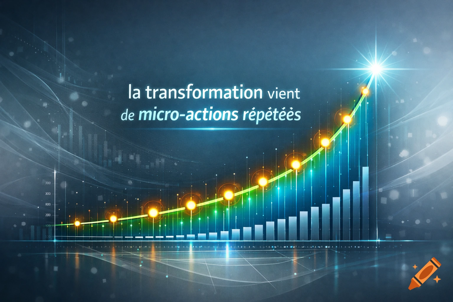 A glowing green-yellow line graph trending sharply upwards with bar charts below on a dark blue background, displaying French text.