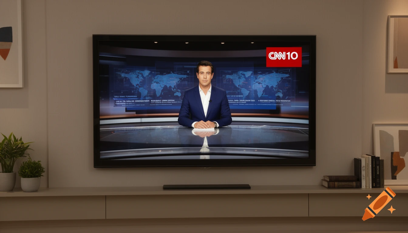 A news anchor in a blue suit sits at a desk on a TV screen, with world maps in the background and a "CNN 10" logo. The TV is on a modern console with plants and books.