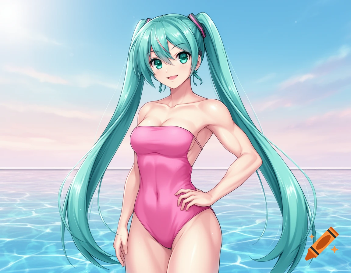 Anime girl Miku in a pink strapless swimsuit stands in water, smiling with a hand on her hip.