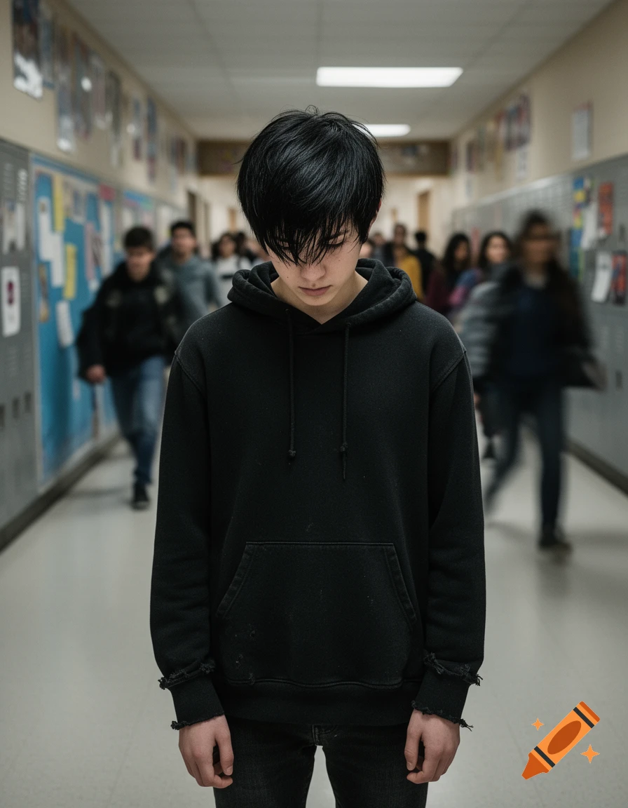A sad black-haired boy in a black hoodie stands alone in a blurred school hallway with other students.