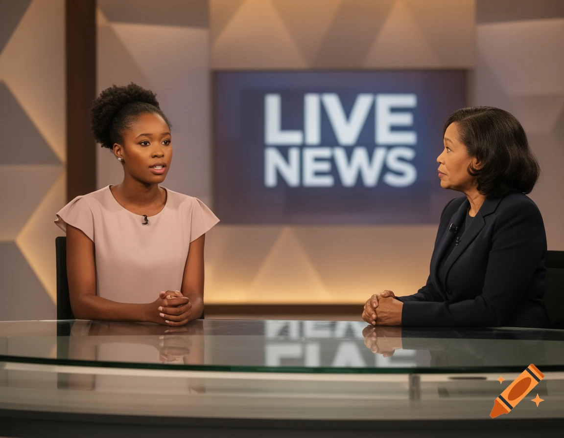Two women sit at a glass table in a news studio with 'LIVE NEWS' on a background screen.
