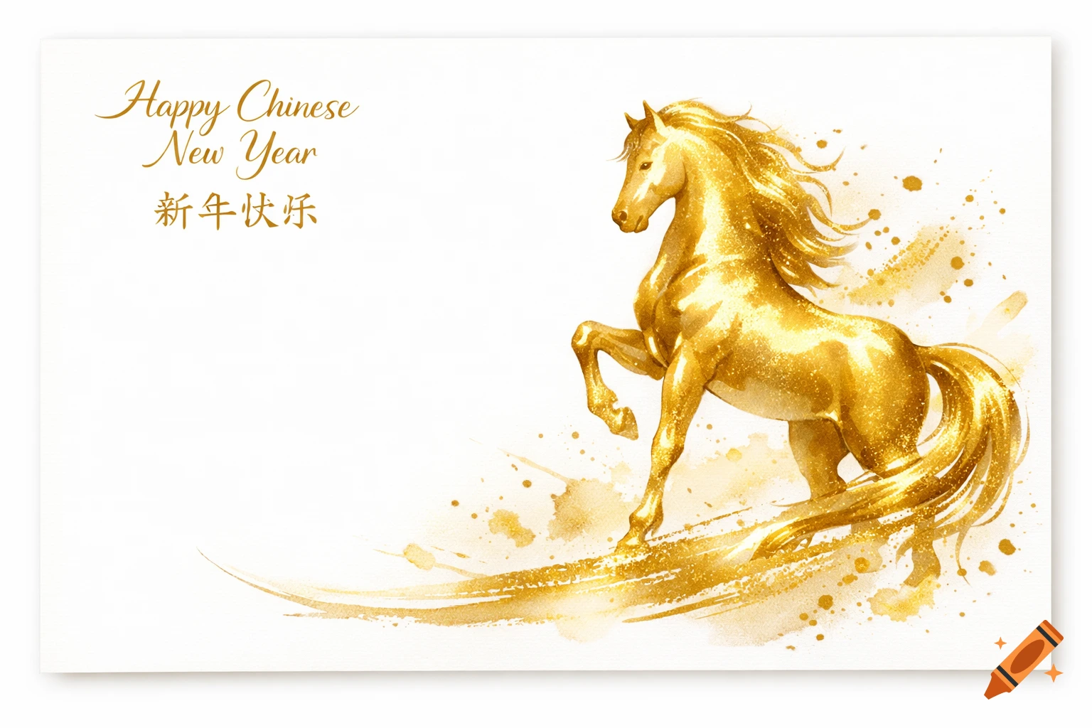 A gold watercolor illustration of a rearing horse on a white background with 'Happy Chinese New Year' text.