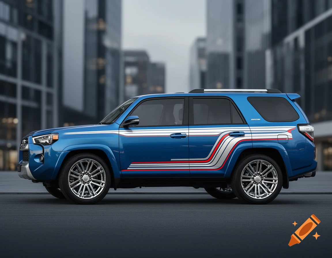 A blue Toyota 4Runner SUV with retro white, silver, and red stripes on its side, parked on a city street with blurred buildings in the background.