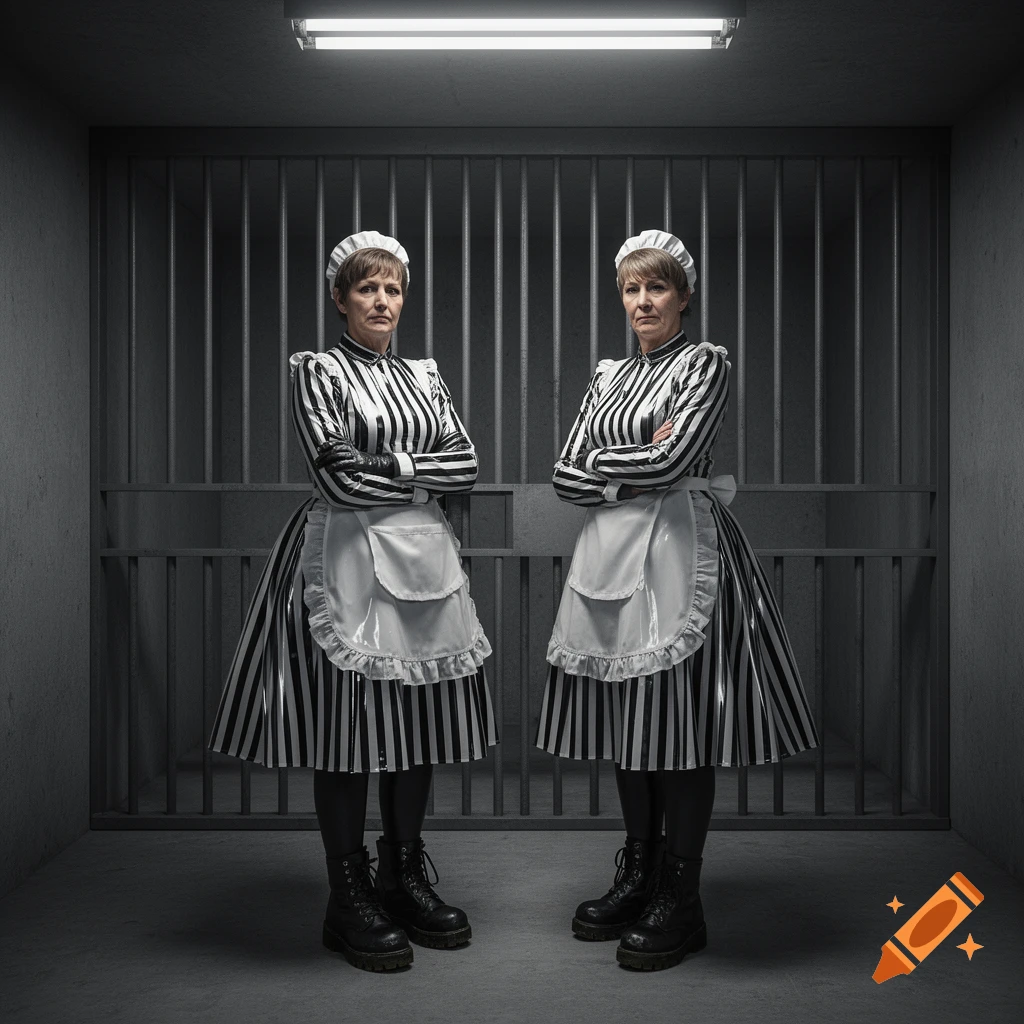 Two mature women in shiny black and white striped latex maid-like prison uniforms with aprons and clunky boots stand with crossed arms in a jail cell.