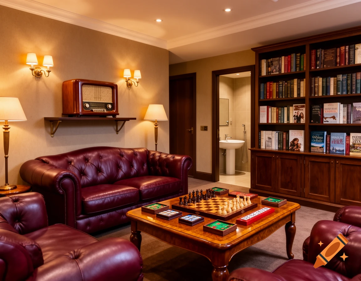 A luxurious club room with a red leather couch, armchairs, a wooden coffee table with board games, a bookshelf, and a vintage radio on a shelf.