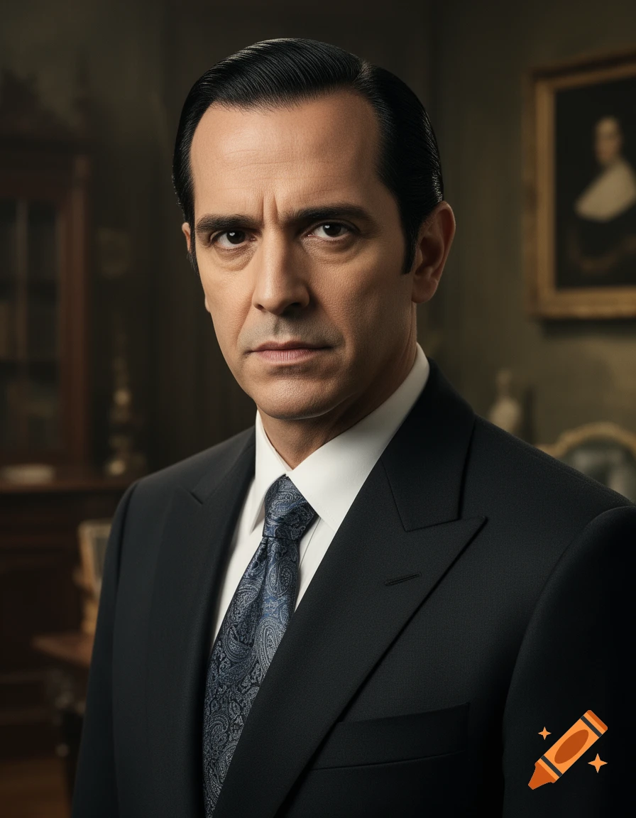Photorealistic portrait of a stern man in a dark suit and patterned tie ...