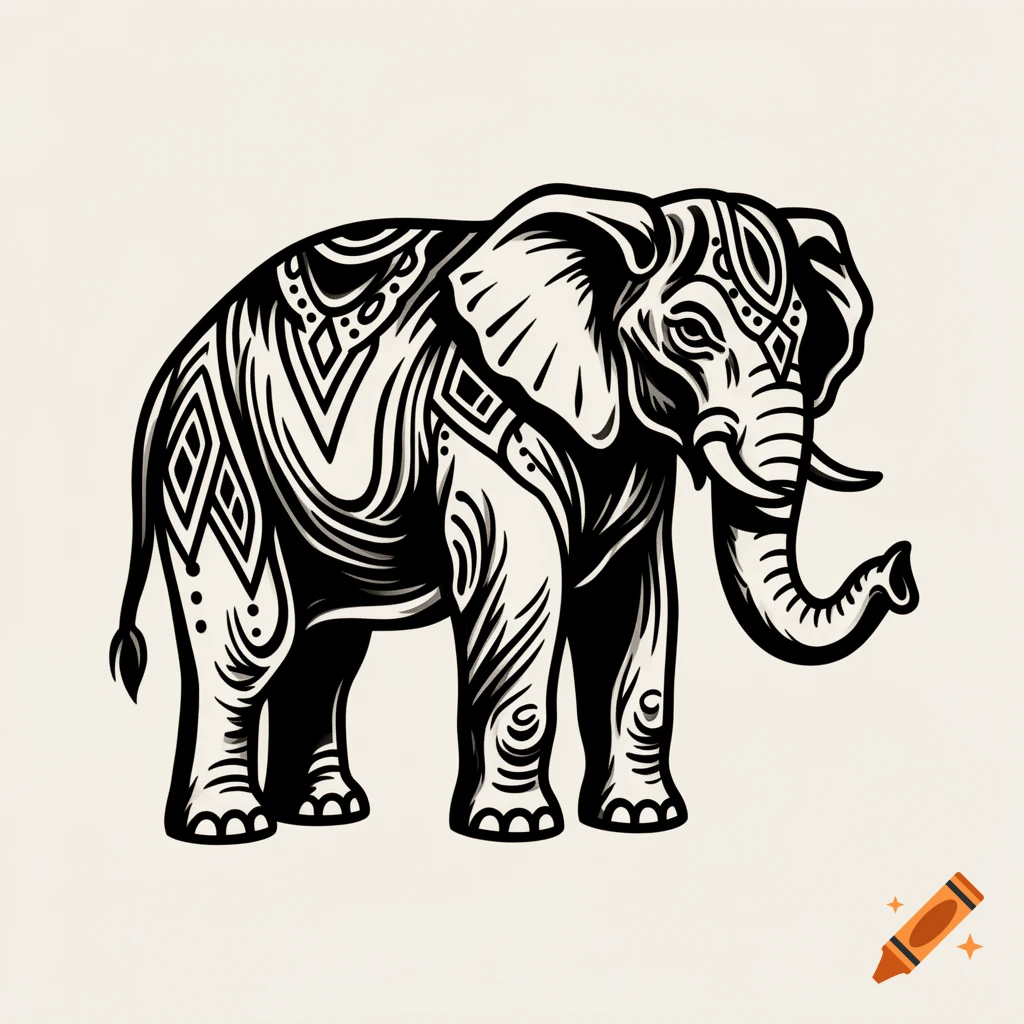 A black and white traditional tattoo style illustration of an elephant with intricate tribal patterns.