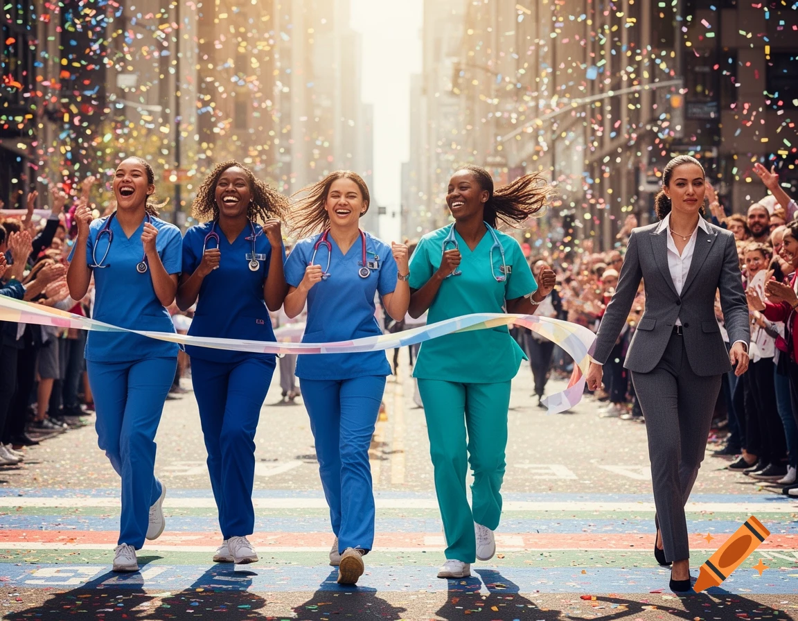 Four nurses and a project manager in a business suit joyfully run across a finish line in a city street, showered in colorful confetti.