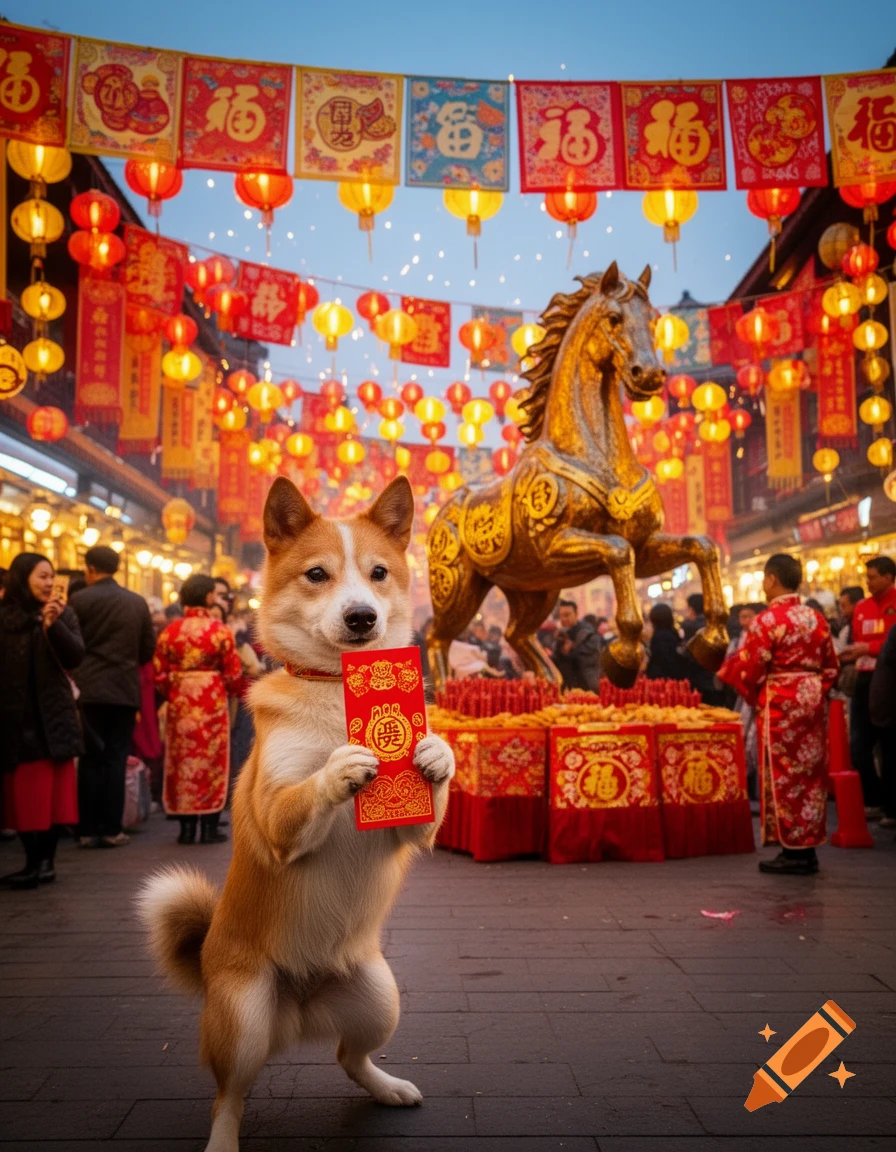 A dog holds a red envelope in a vibrant Chinese New Year street scene with glowing lanterns and a golden horse statue.
