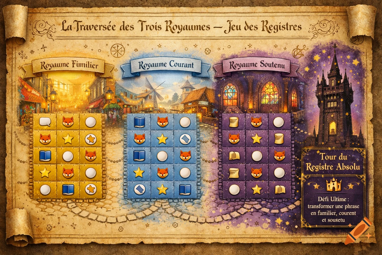 A scroll-style board game map depicting three fantasy realms: a golden 'Familier' city, a blue 'Courant' village with a windmill, and a purple 'Soutenu' realm with a castle and stained-glass windows. Each realm has a path of unique icon-filled squares.