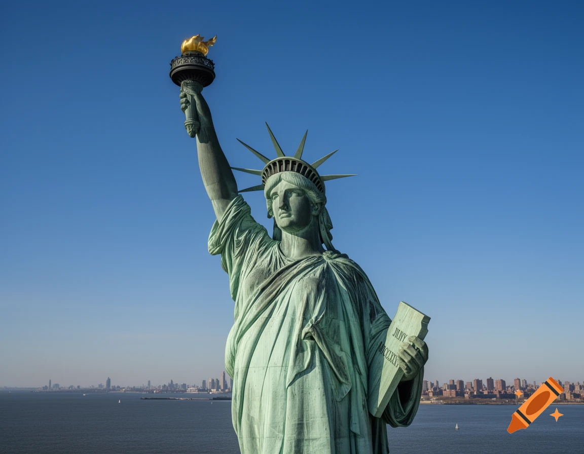 Photorealistic image of the Statue of Liberty holding a torch against a clear blue sky, with a distant city skyline over water.