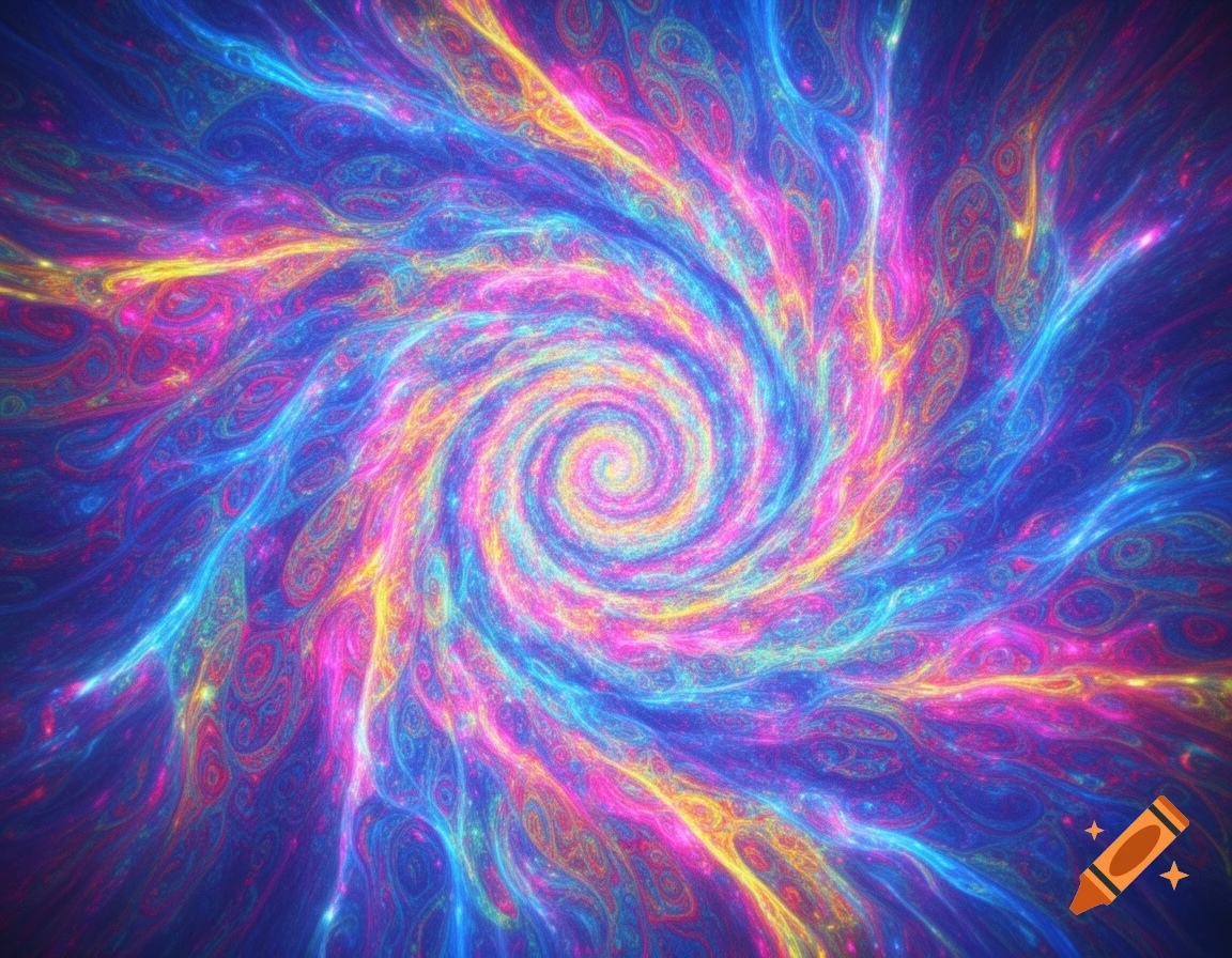 A vibrant, multicolored spiral resembling a psychedelic light effect, with intricate patterns radiating outwards.