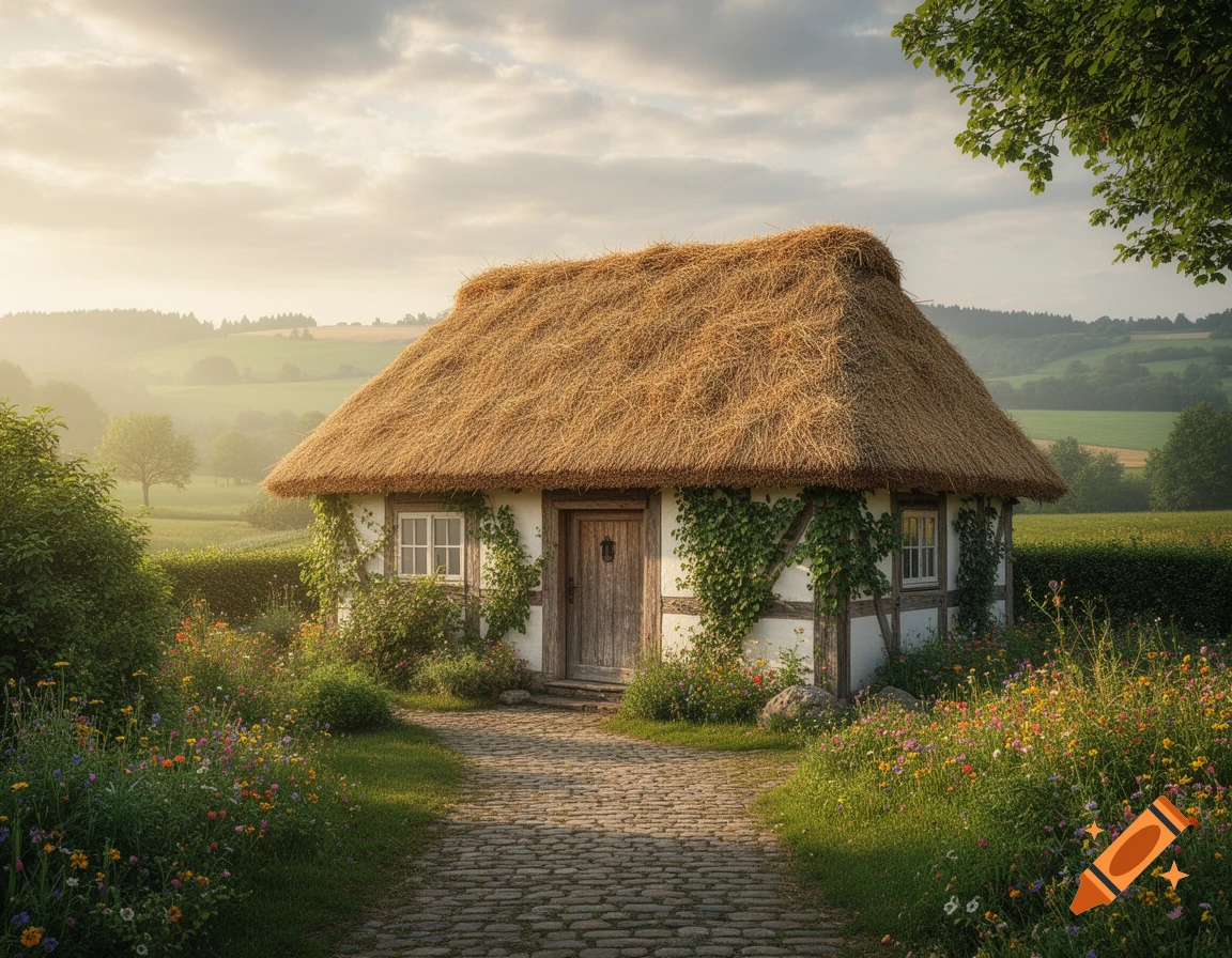 A charming thatched cottage with white walls and climbing ivy ...