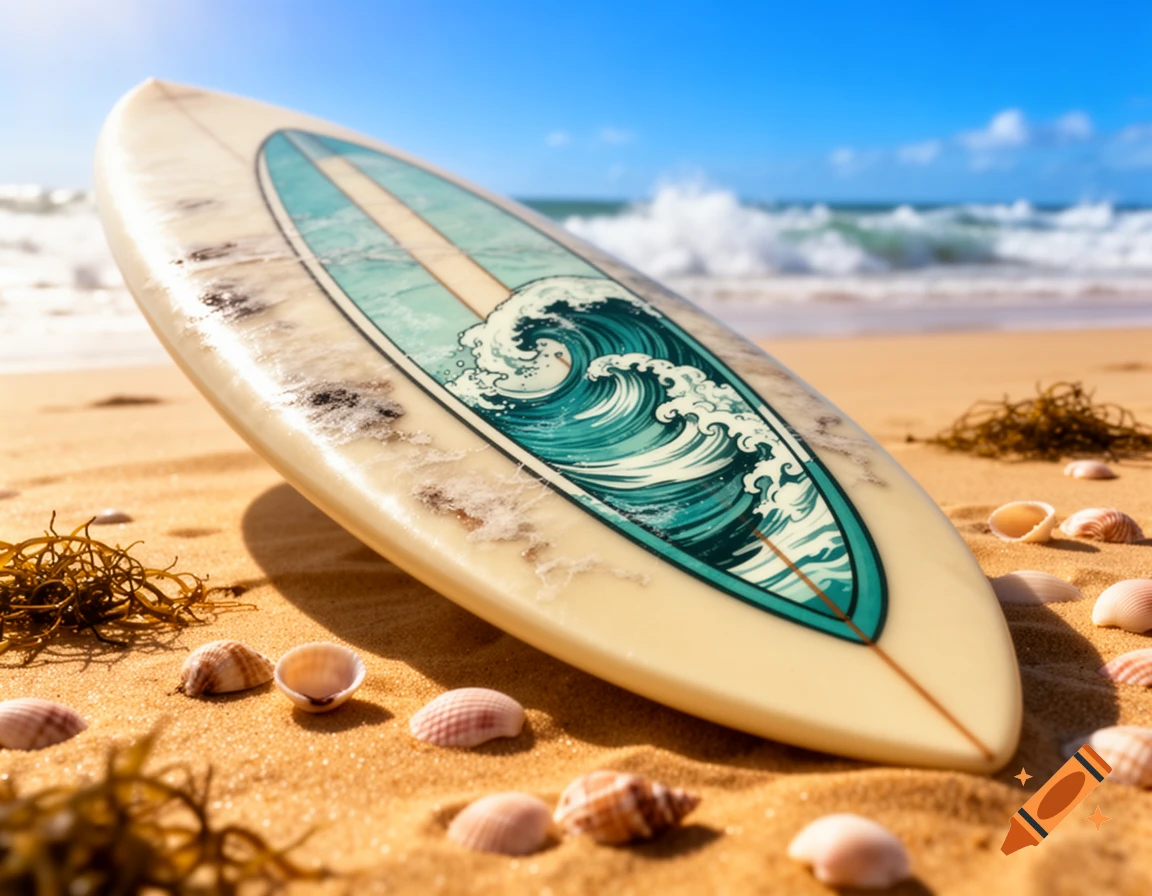 A cream surfboard with a blue and white wave painting rests upright on a sandy beach, surrounded by seashells, with ocean waves in the background.