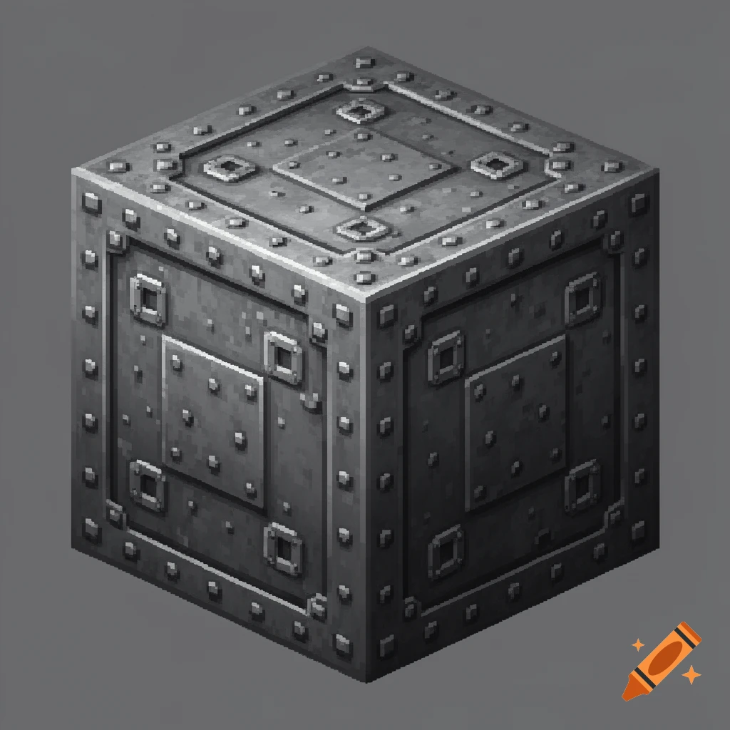 A pixelated, dark gray metal cube with rivets and square details, in the style of Minecraft.