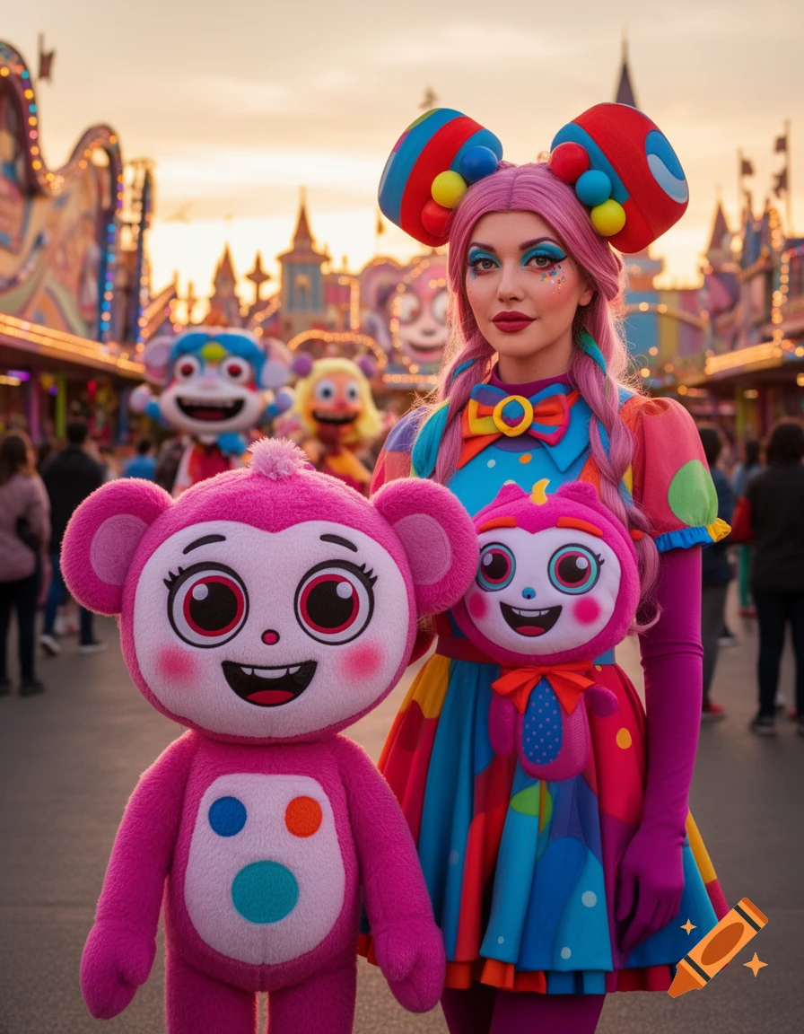 A woman in a colorful, whimsical costume with two pink plush toy characters stands in an amusement park at sunset.