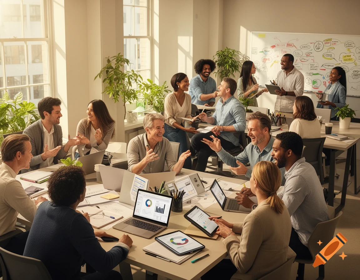 A diverse group of professionals working together in a bright, modern office, engaged in discussions and reviewing data on laptops and tablets.