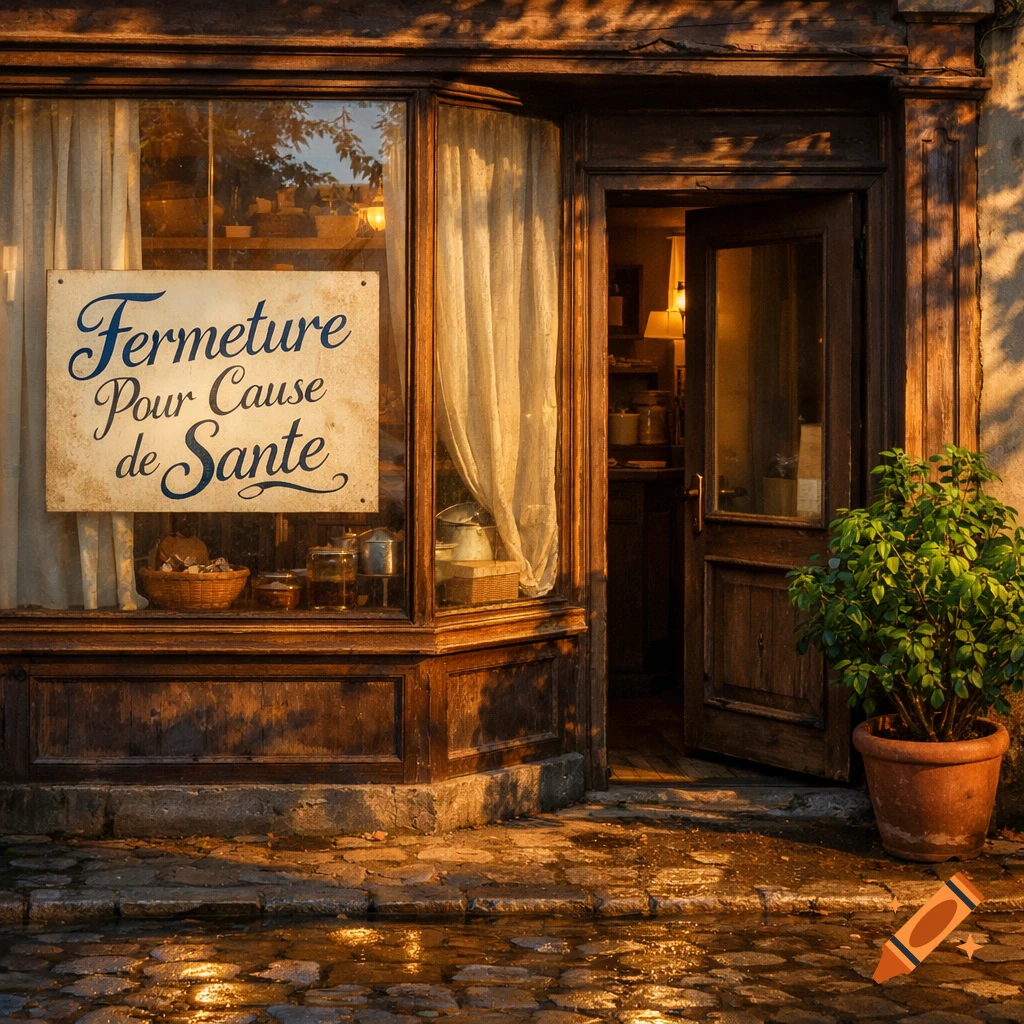 Exterior of an old-fashioned shop with a 'Fermeture Pour Cause de Sante' sign in the window, wet cobblestones reflect light.