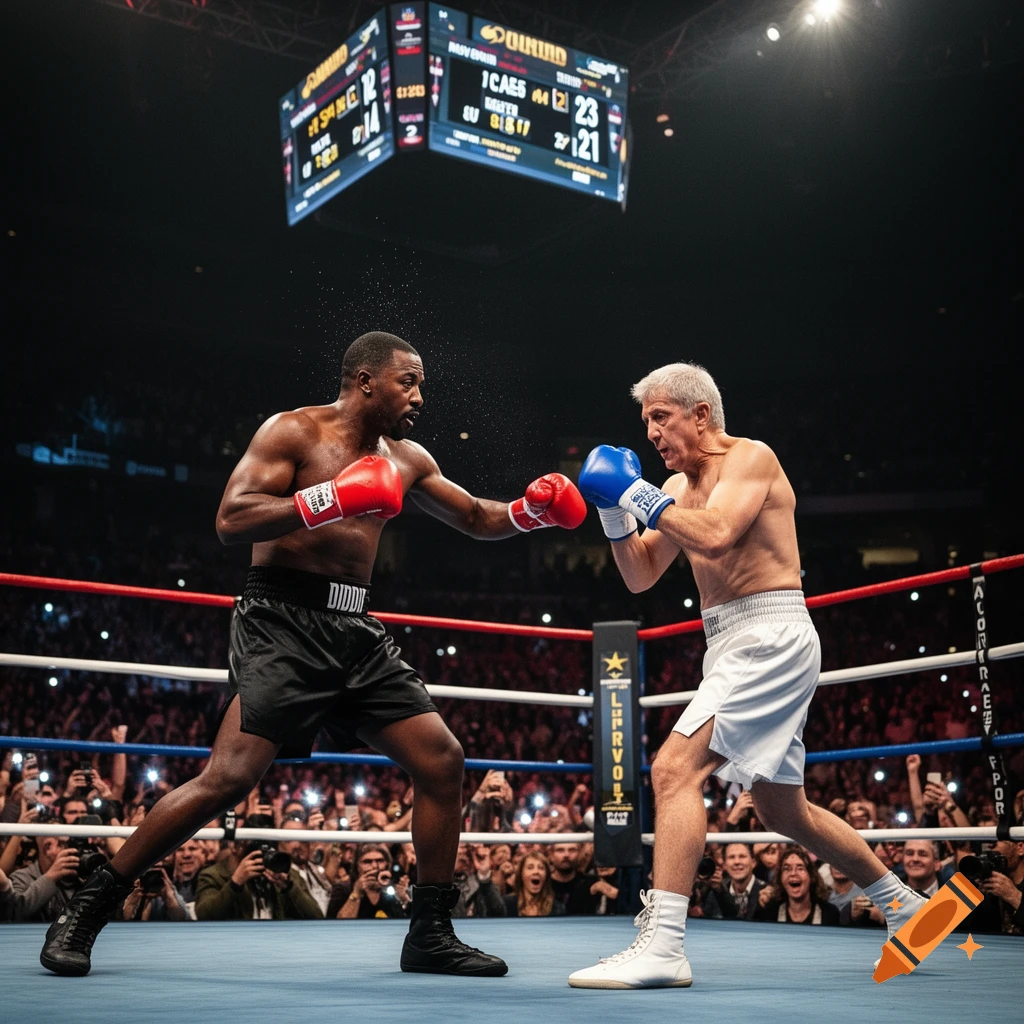 Two boxers, one Black man in black shorts and red gloves, and one older white man in white shorts and blue gloves, face each other in a boxing ring with a crowd watching.