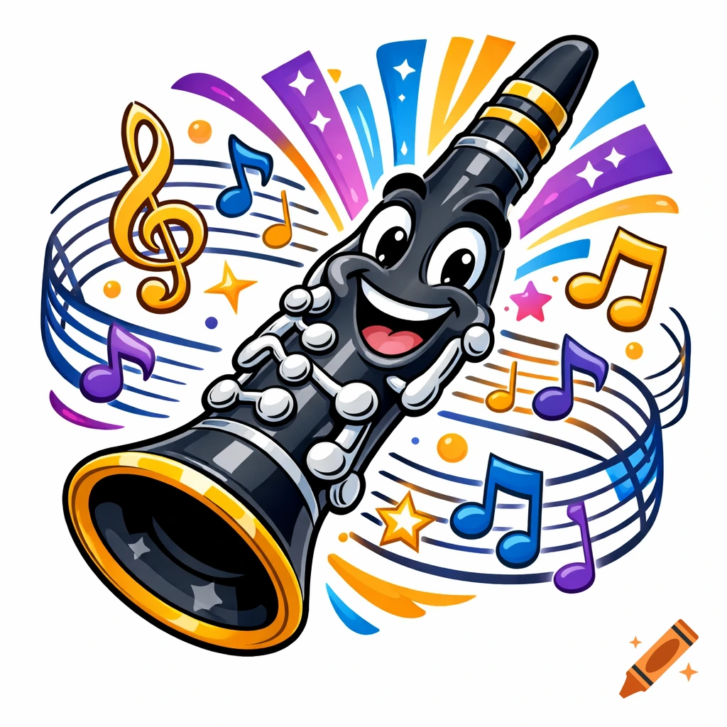 Cartoon clarinet with a smiling face, surrounded by colorful musical notes and stars, on a white background.