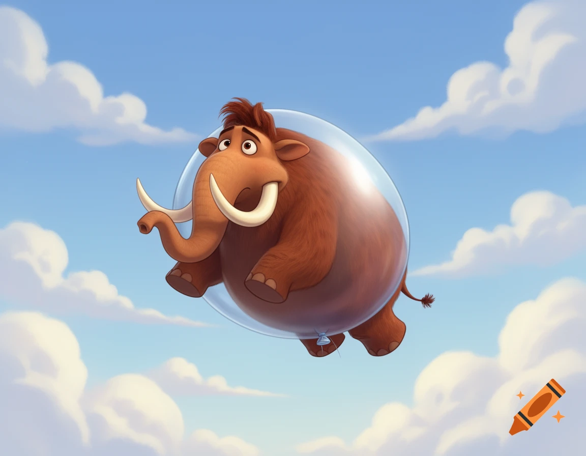 A cartoon mammoth, inflated like a round balloon, floats in a clear bubble against a bright blue sky with white clouds.