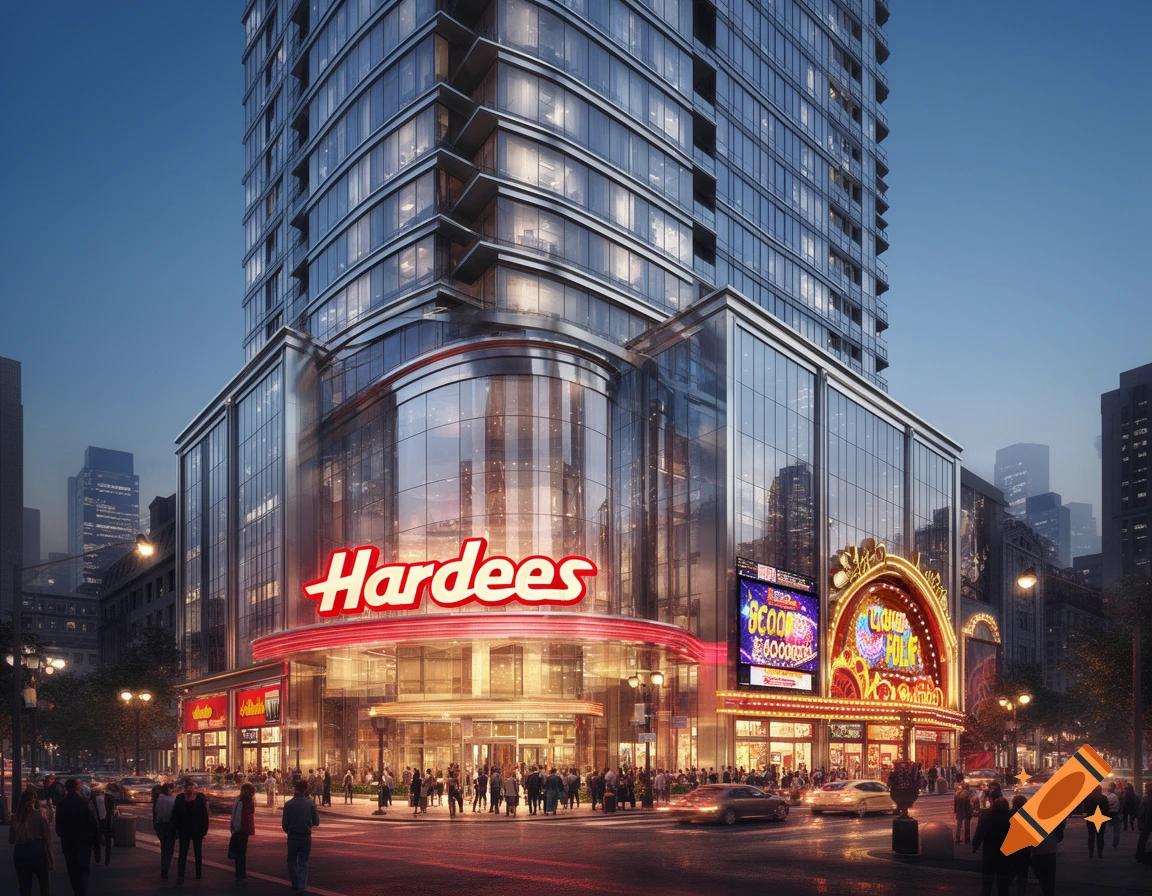 A modern high-rise building at dusk, featuring a Hardees restaurant sign, a brightly lit casino entrance, and people walking on a city street.