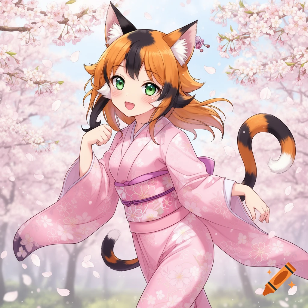 Anime neko girl with calico fur and green eyes, smiling in a pink kimono under falling cherry blossoms.