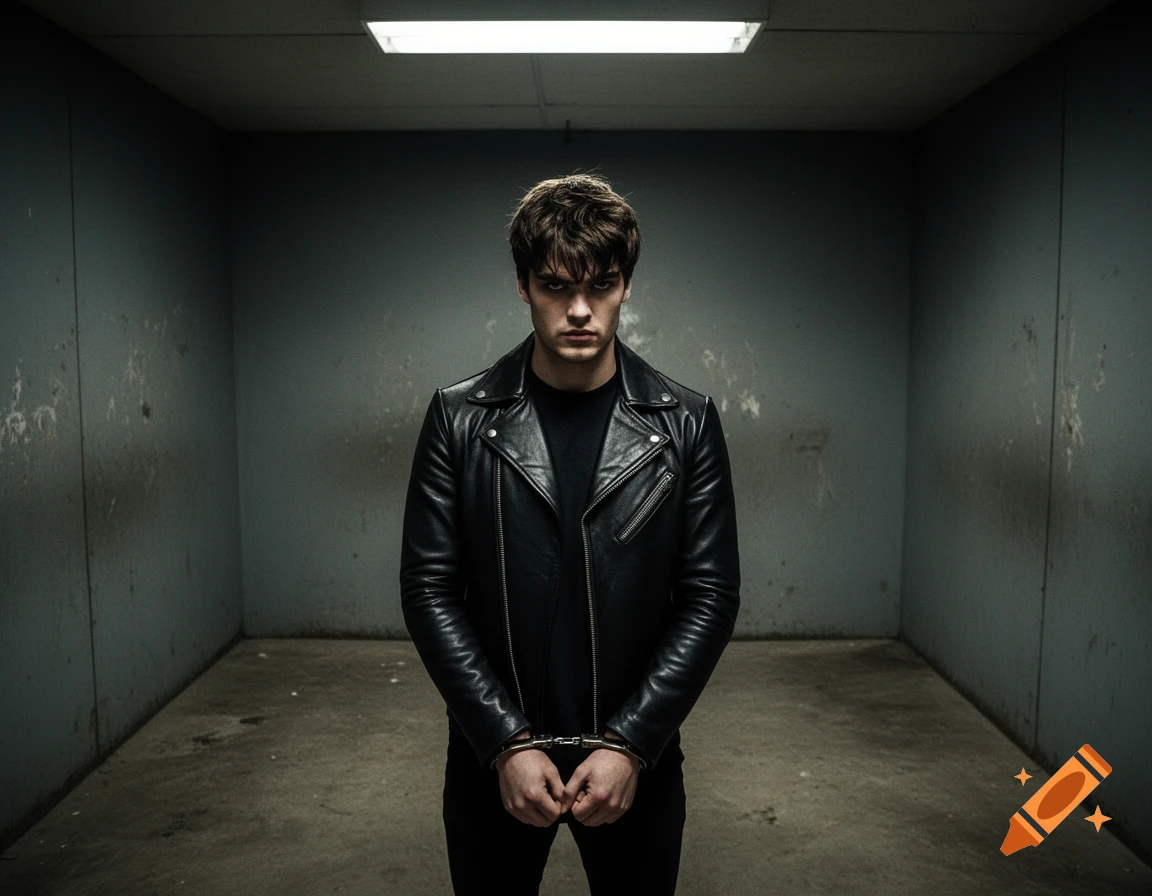 A serious young man in a black leather jacket with hands cuffed in front, standing in a dim, empty concrete room.
