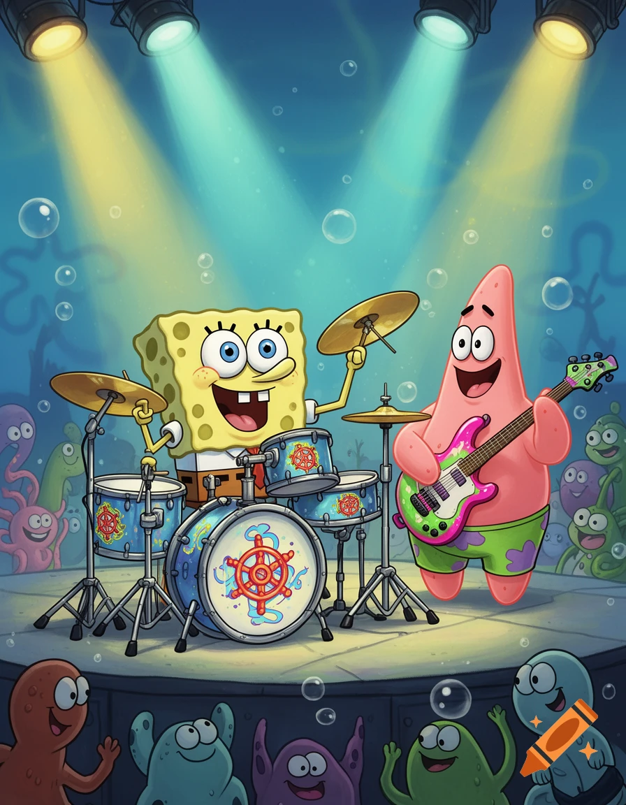 SpongeBob plays drums and Patrick plays electric guitar on an underwater stage to an audience of colorful sea creatures.
