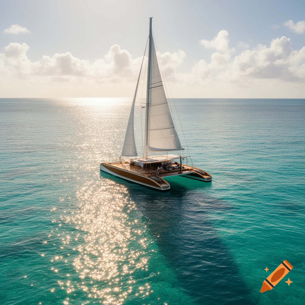 A modern wooden catamaran with white sails glides on sparkling turquoise ocean water under a sunny sky.