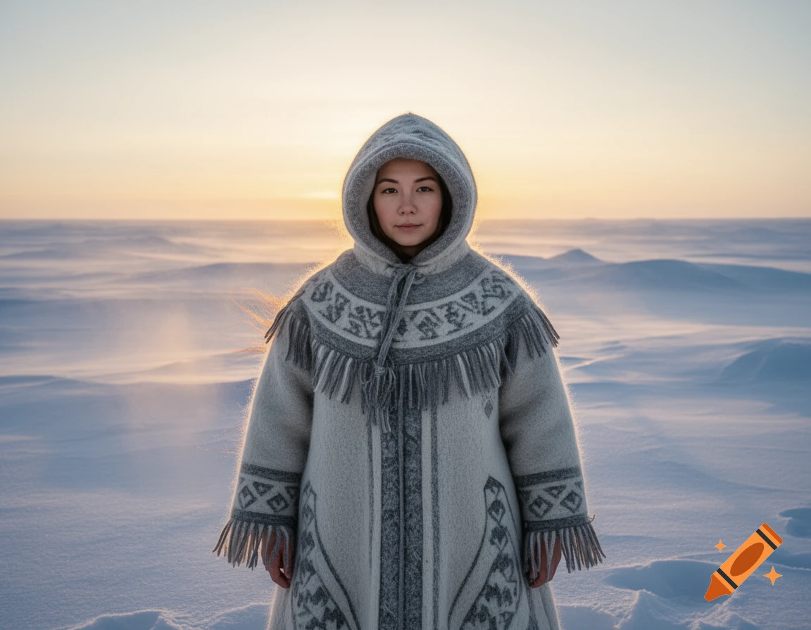 A photorealistic portrait of a person in a hooded, patterned traditional coat, standing in a snowy landscape at sunrise.