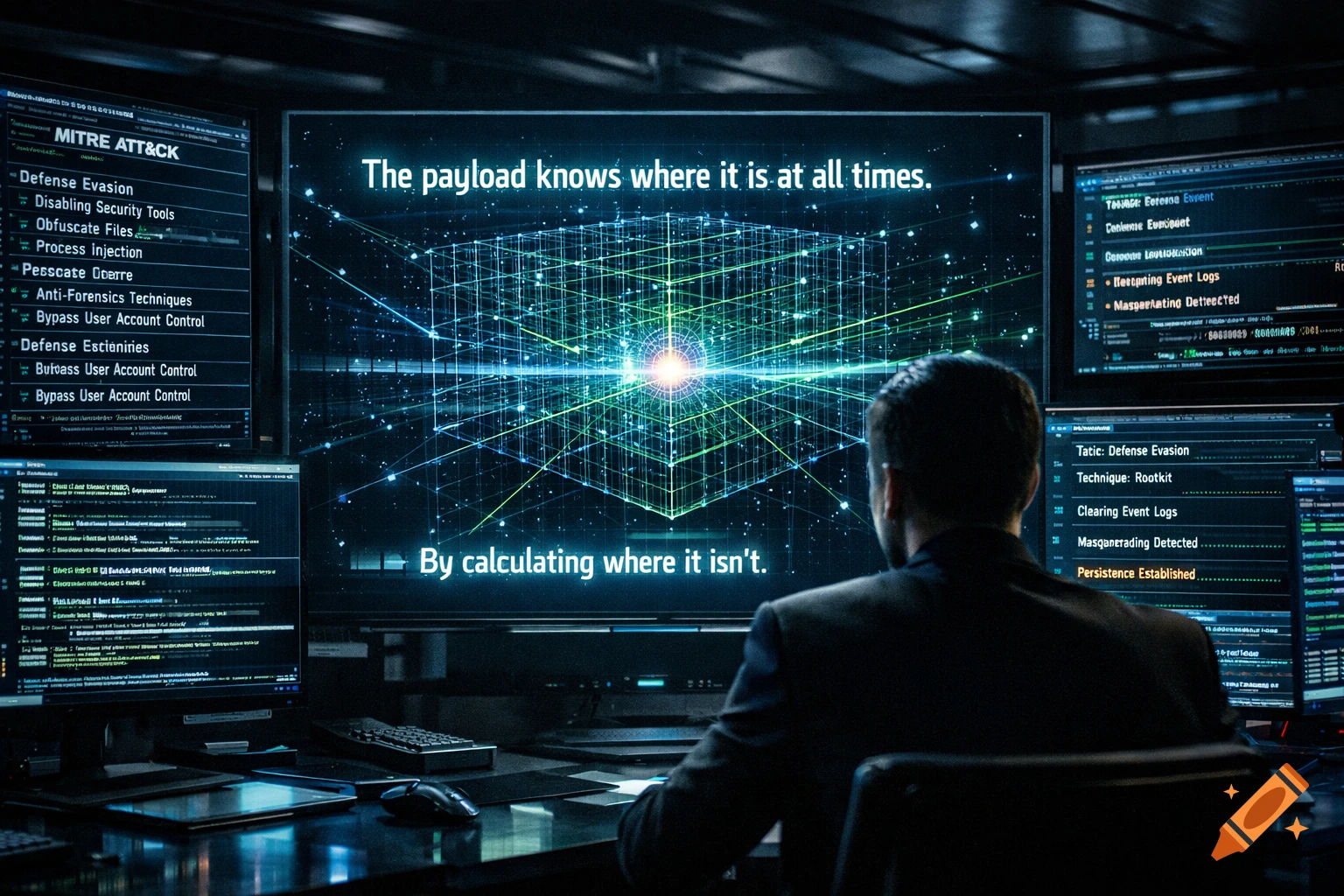 A person in a suit sits in a dark room, looking at multiple computer screens displaying code and a glowing, wireframe 3D cube with text related to cybersecurity.