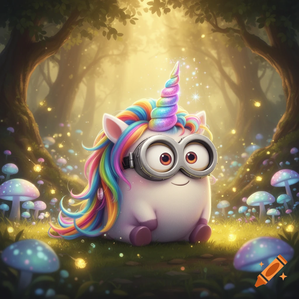 A fluffy unicorn-Minion hybrid with rainbow hair and horn, wearing goggles, sits in a magical forest with glowing mushrooms.