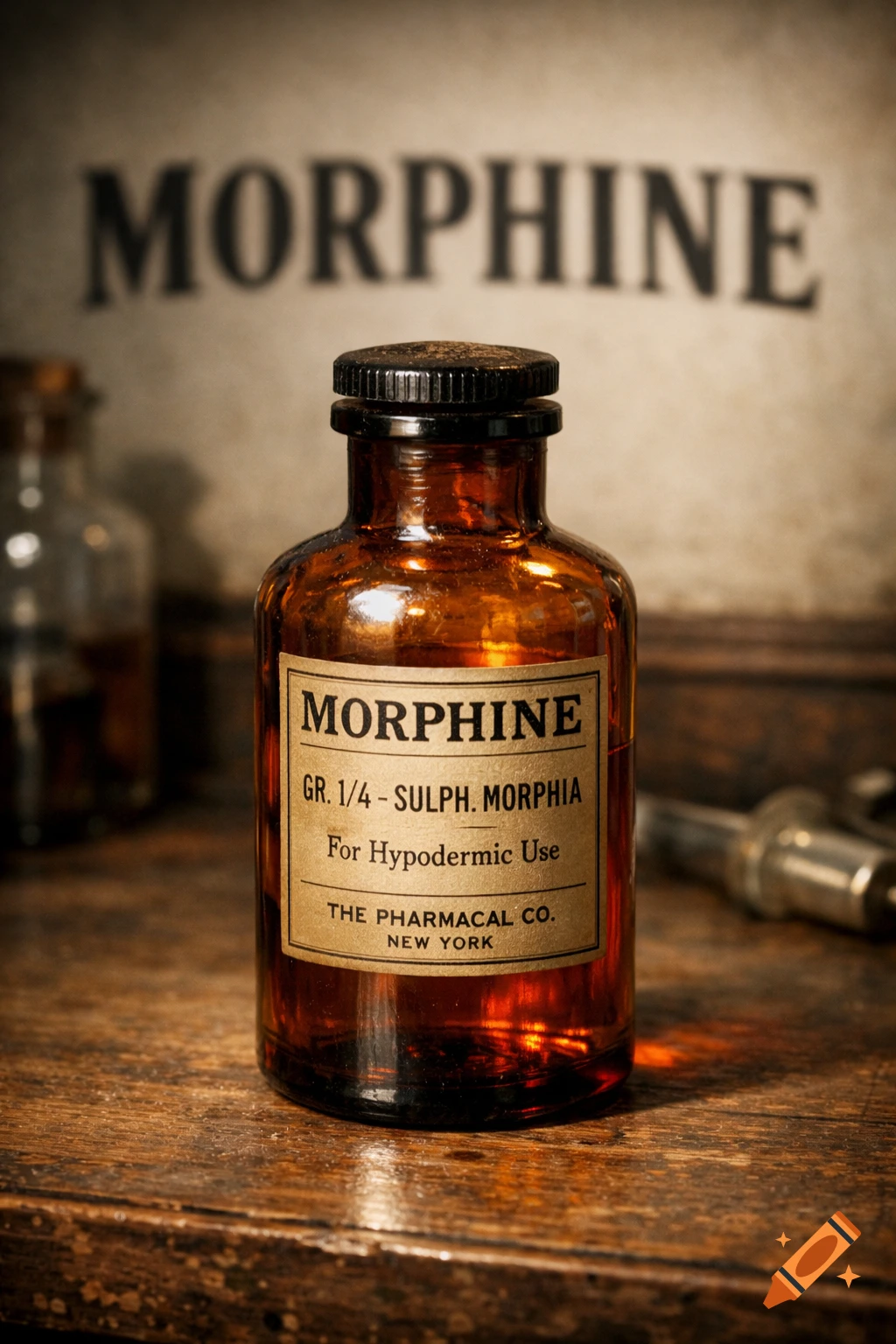 A vintage amber glass bottle labeled 'MORPHINE' stands on a wooden surface, with 'MORPHINE' text blurred in the background.