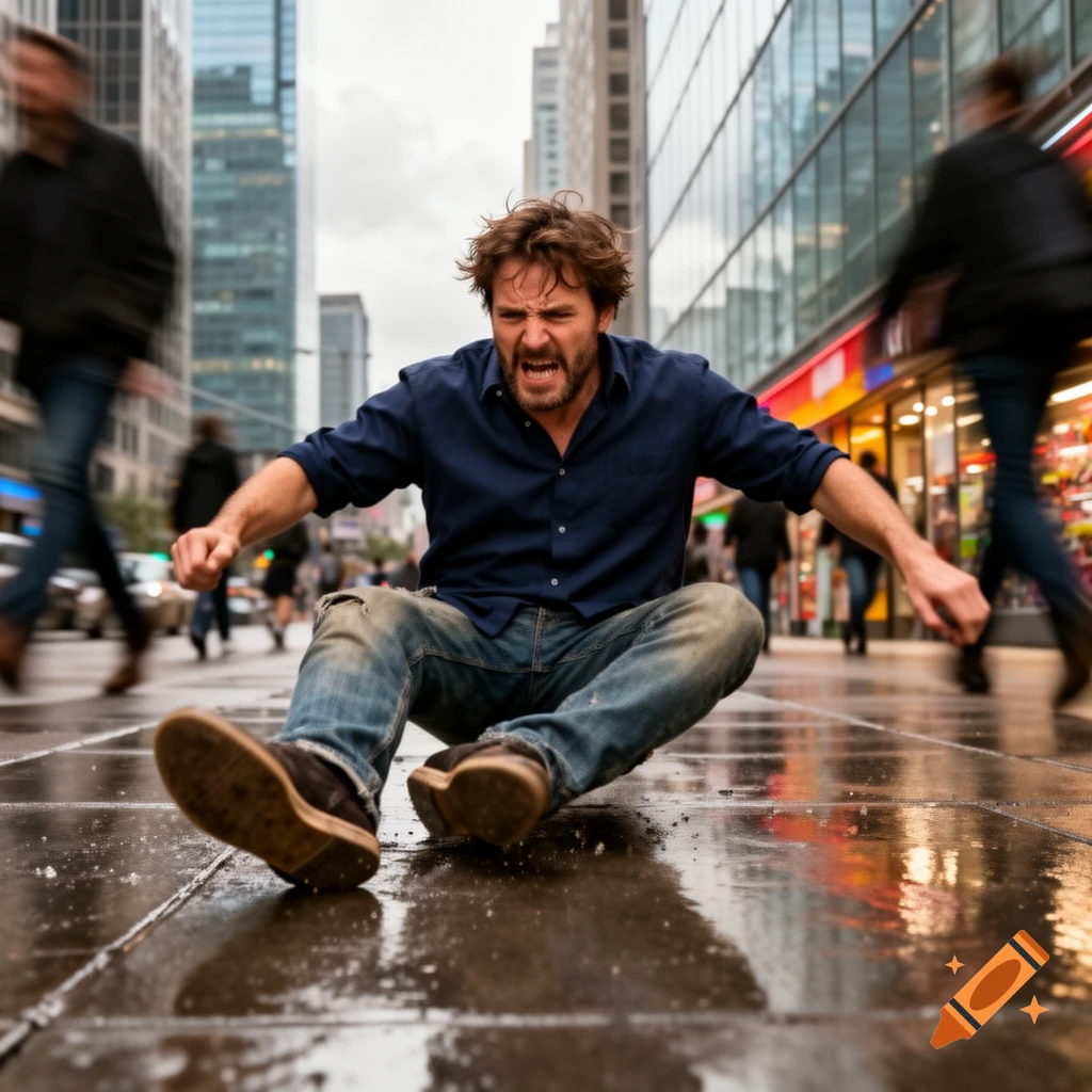 A man sits on a wet city sidewalk after falling, with a frustrated expression. Blurred pedestrians and buildings are in the background.